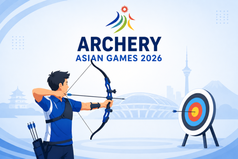 Animated archer aiming at a target for Archery Asian Games 2026, with a modern sports venue in the background.