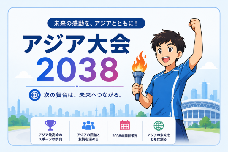 アジア大会2038を紹介するイラスト｜未来のスポーツとアジアの団結を象徴する大会