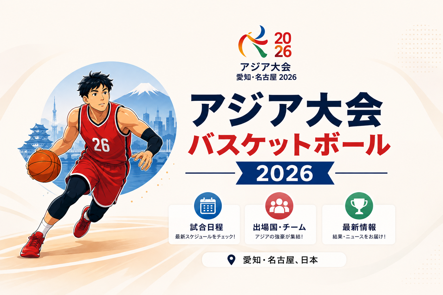 アジア大会バスケットボール2026の大会情報を表現したイラスト。愛知・名古屋を背景に、バスケットボール選手がプレーする様子