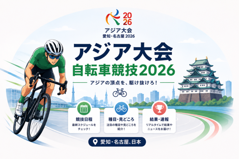 アジア大会自転車競技2026のイメージ画像。愛知・名古屋を背景に自転車で走る選手と競技日程や結果速報を表現したイラスト
