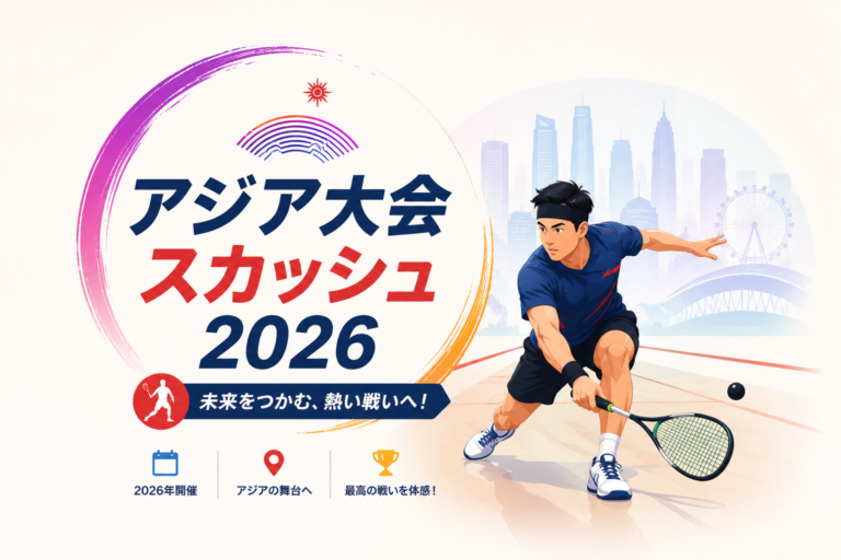 アジア大会スカッシュ2026の大会をイメージした、躍動感のあるスカッシュ選手のイラスト