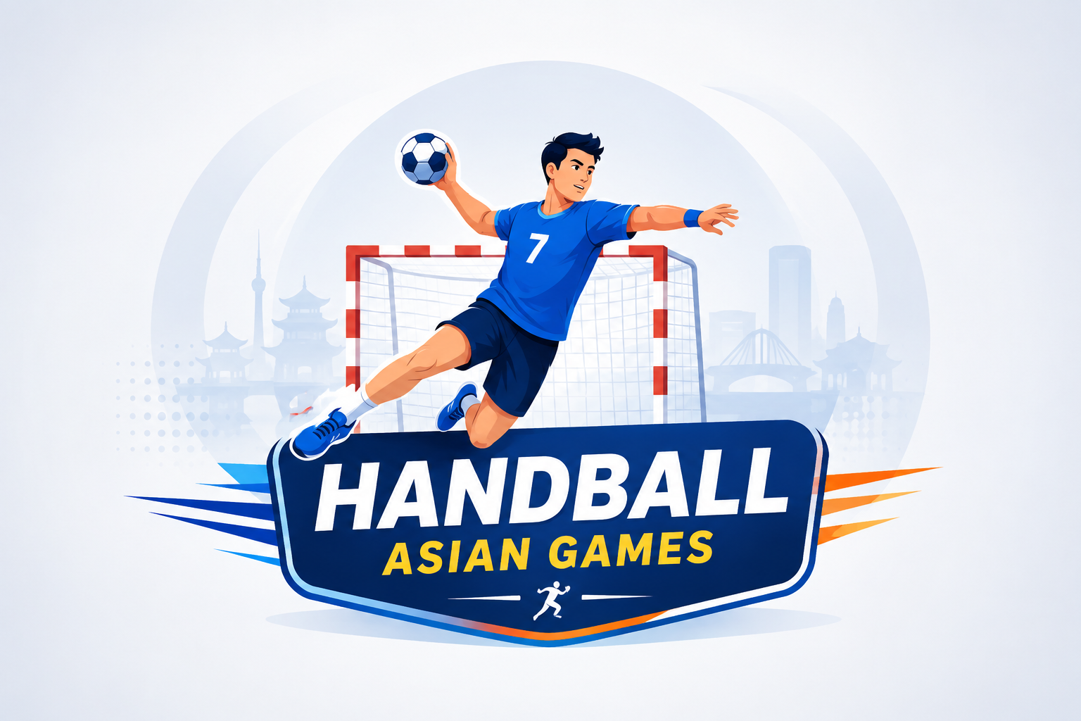 Handball player in action during the Asian Games, illustrated with a goal and handball arena background.