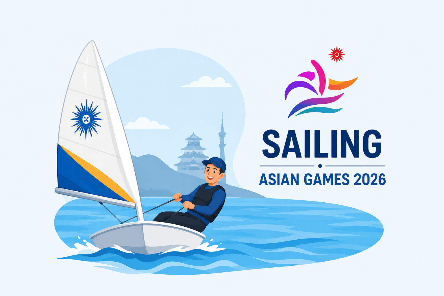Animated sailor competing in sailing at the Asian Games 2026, shown steering a boat across blue ocean waves.