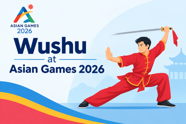 Wushu at Asian Games 2026 featuring a martial artist performing with a sword