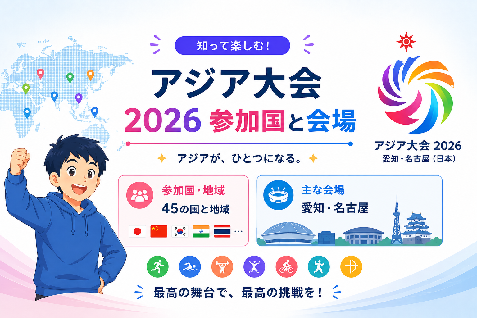 アジア大会2026の参加国と会場を紹介するイラスト