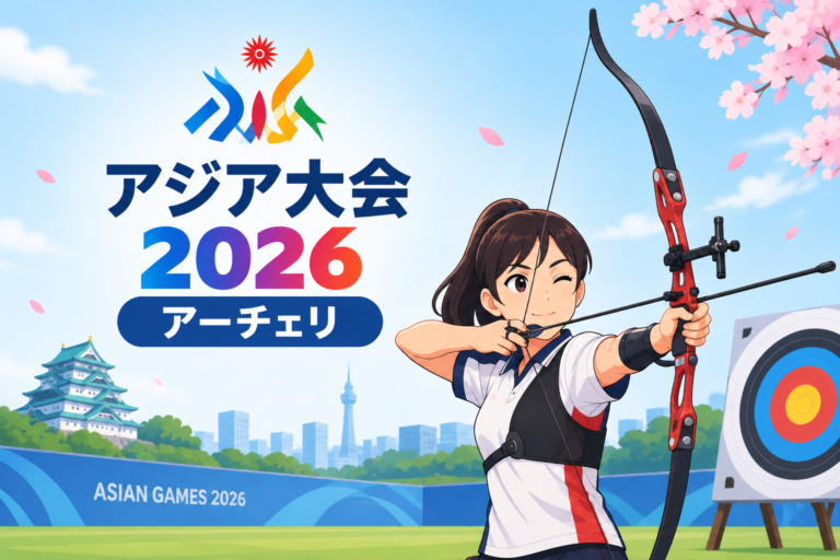 アジア大会2026のアーチェリー競技をイメージしたイラスト。弓を構える選手とアーチェリーの的を描いたビジュアル