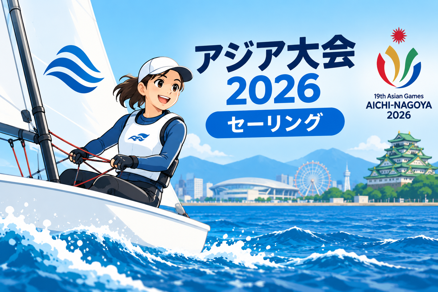 アジア大会2026セーリング競技でボートを操縦する選手と名古屋の街並み