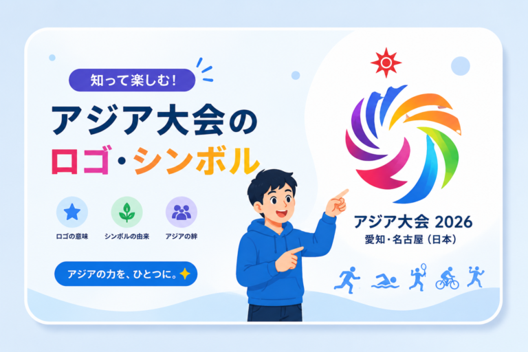 アジア大会2026のロゴ・シンボルと意味を紹介する日本語イラスト