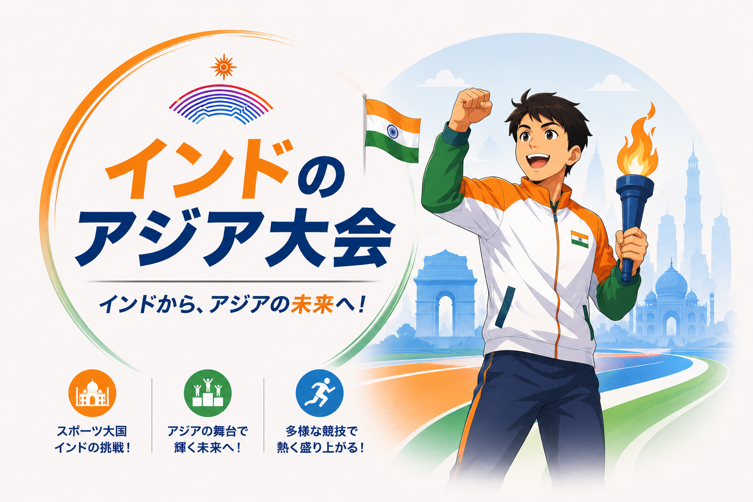 インドのアジア大会を表現した、トーチを掲げるインド人アスリートのイラスト